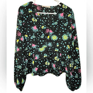 Rokoko Peplum Top Black Floral Button Up Size Medium Boho Long Sleeve Colorful